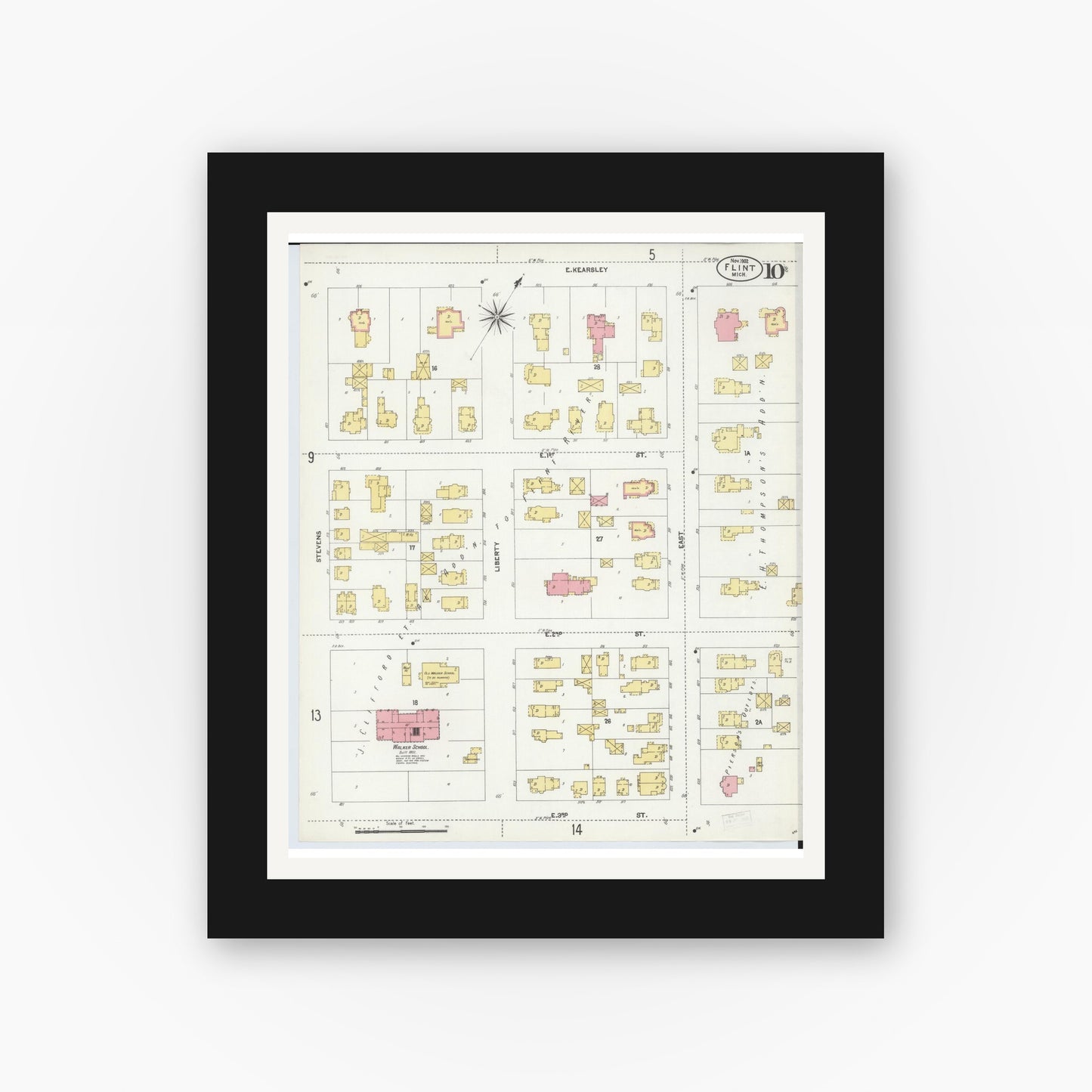 Old map wall art mockup — black gallery frame with white mat — Sanborn Fire Insurance Map from Flint, Genesee County, Michigan (1902), Sheet #0010