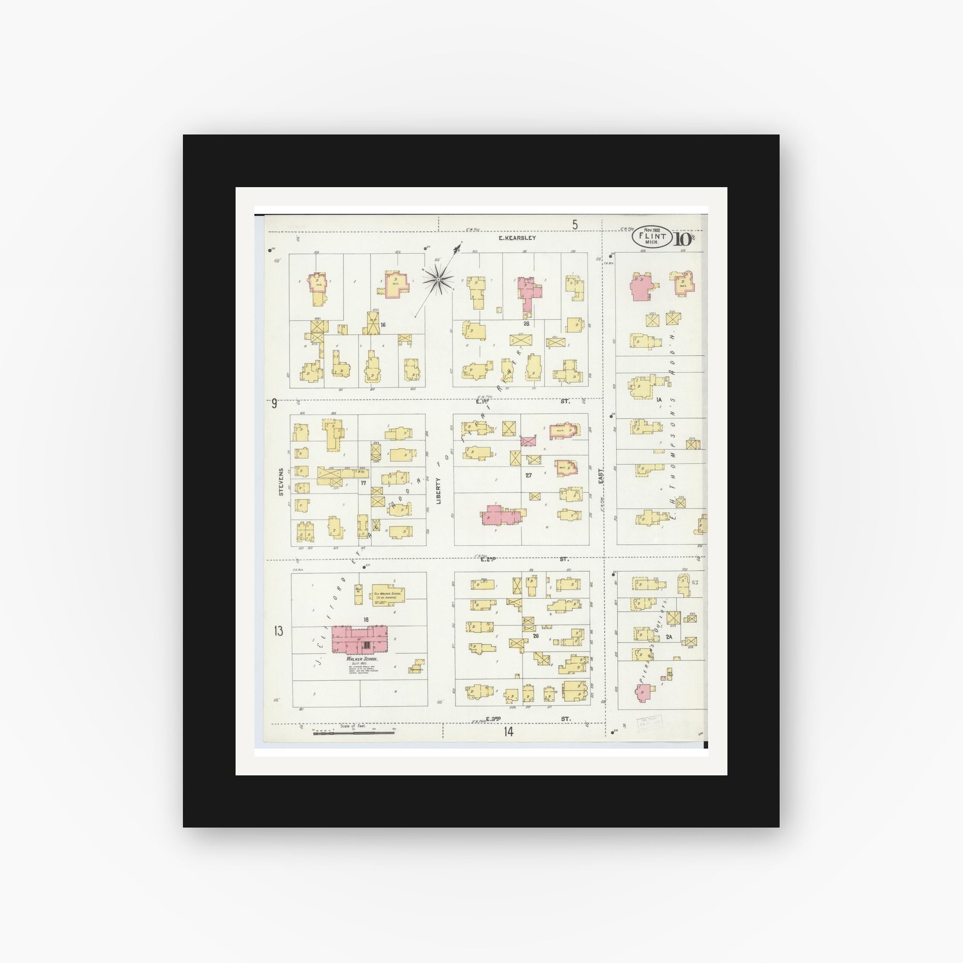 Old map wall art mockup — black gallery frame with white mat — Sanborn Fire Insurance Map from Flint, Genesee County, Michigan (1902), Sheet #0010