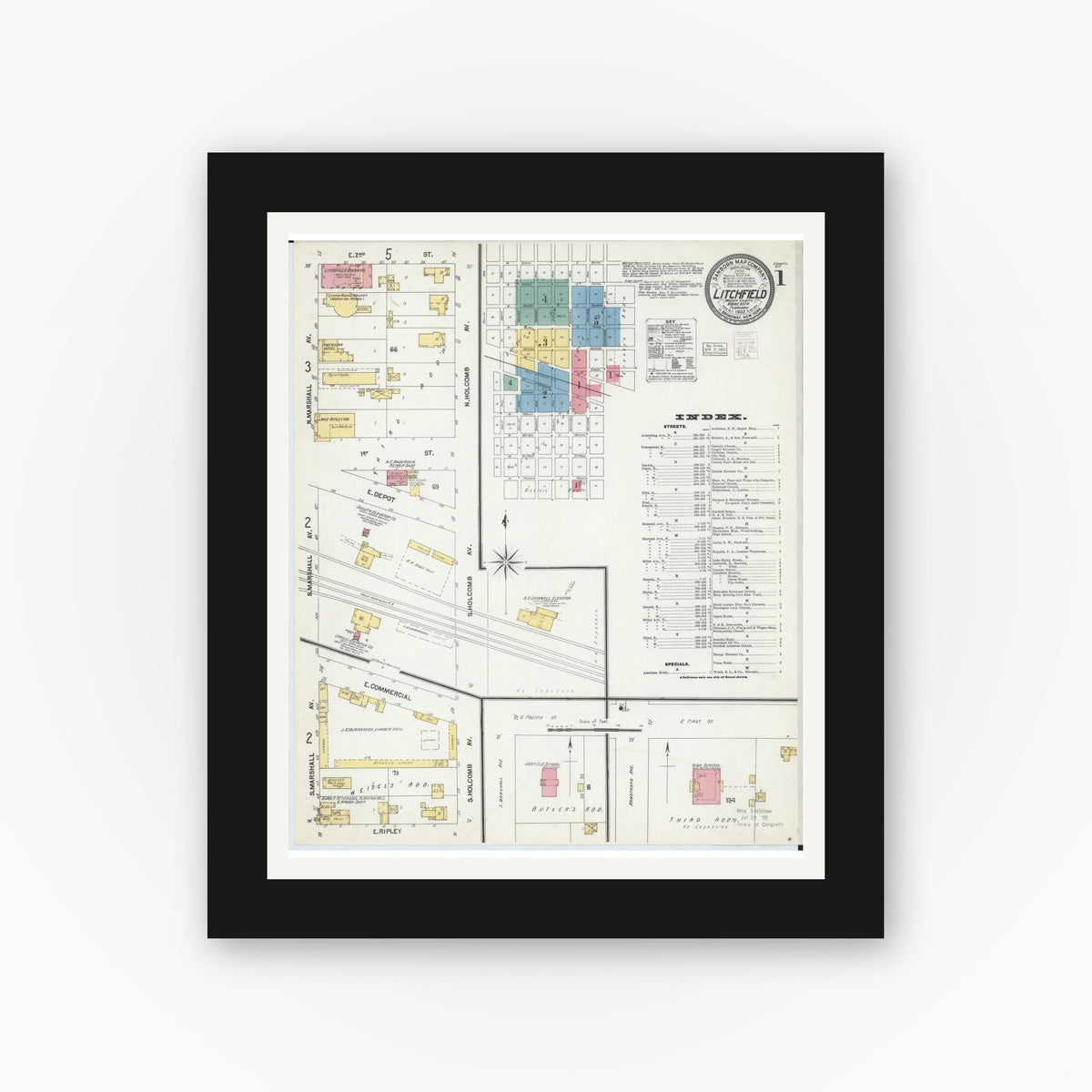 Old map wall art mockup — black gallery frame with white mat — Sanborn Fire Insurance Map from Litchfield, Meeker County, Minnesota (1903) - Complete Map Set