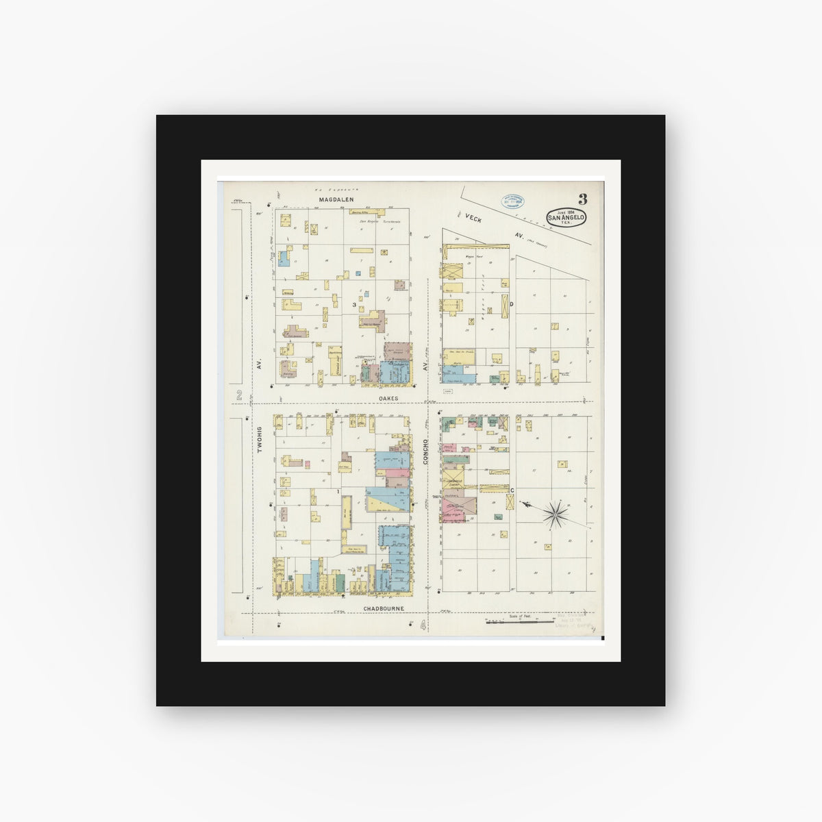 Old map wall art mockup — black gallery frame with white mat — Sanborn Fire Insurance Map from San Angelo, Tom Green County, Texas (1894), Sheet #0003