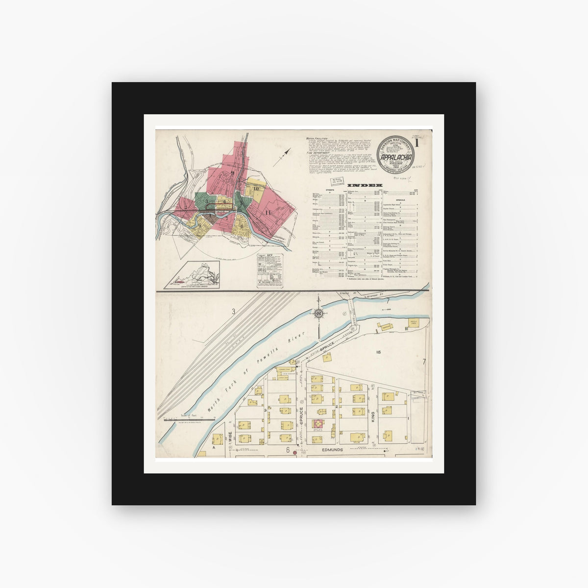 Old map wall art mockup — black gallery frame with white mat — Sanborn Fire Insurance Map from Appalachia, Wise County, Virginia (1922), Sheet #0001
