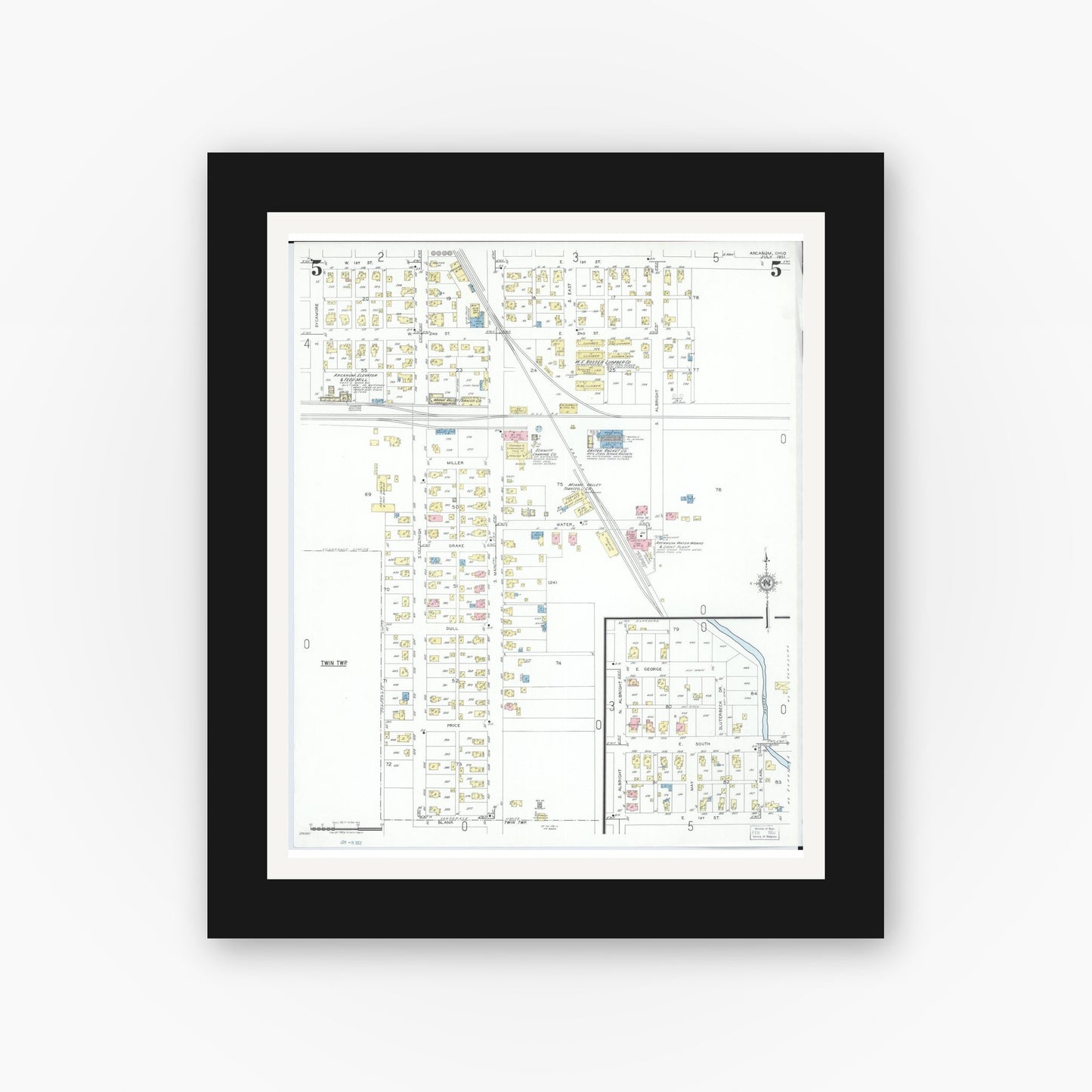 Old map wall art mockup — black gallery frame with white mat — Sanborn Fire Insurance Map from Arcanum, Darke County, Ohio (1951), Sheet #0005