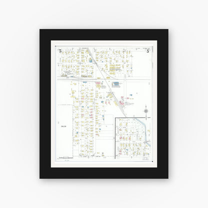 Old map wall art mockup — black gallery frame with white mat — Sanborn Fire Insurance Map from Arcanum, Darke County, Ohio (1951), Sheet #0005