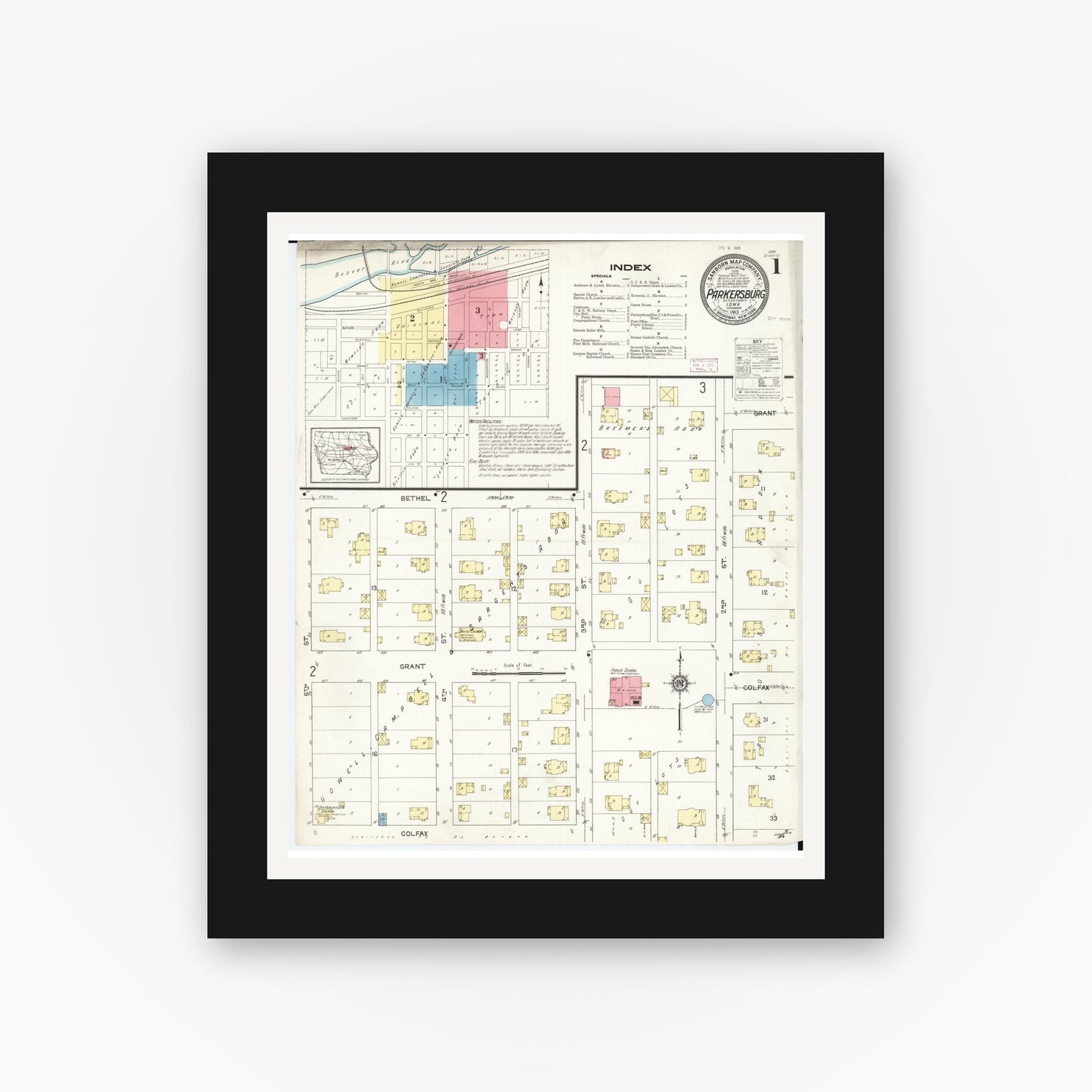 Old map wall art mockup — black gallery frame with white mat — Sanborn Fire Insurance Map from Parkersburg, Butler County, Iowa (1913), Sheet #0001
