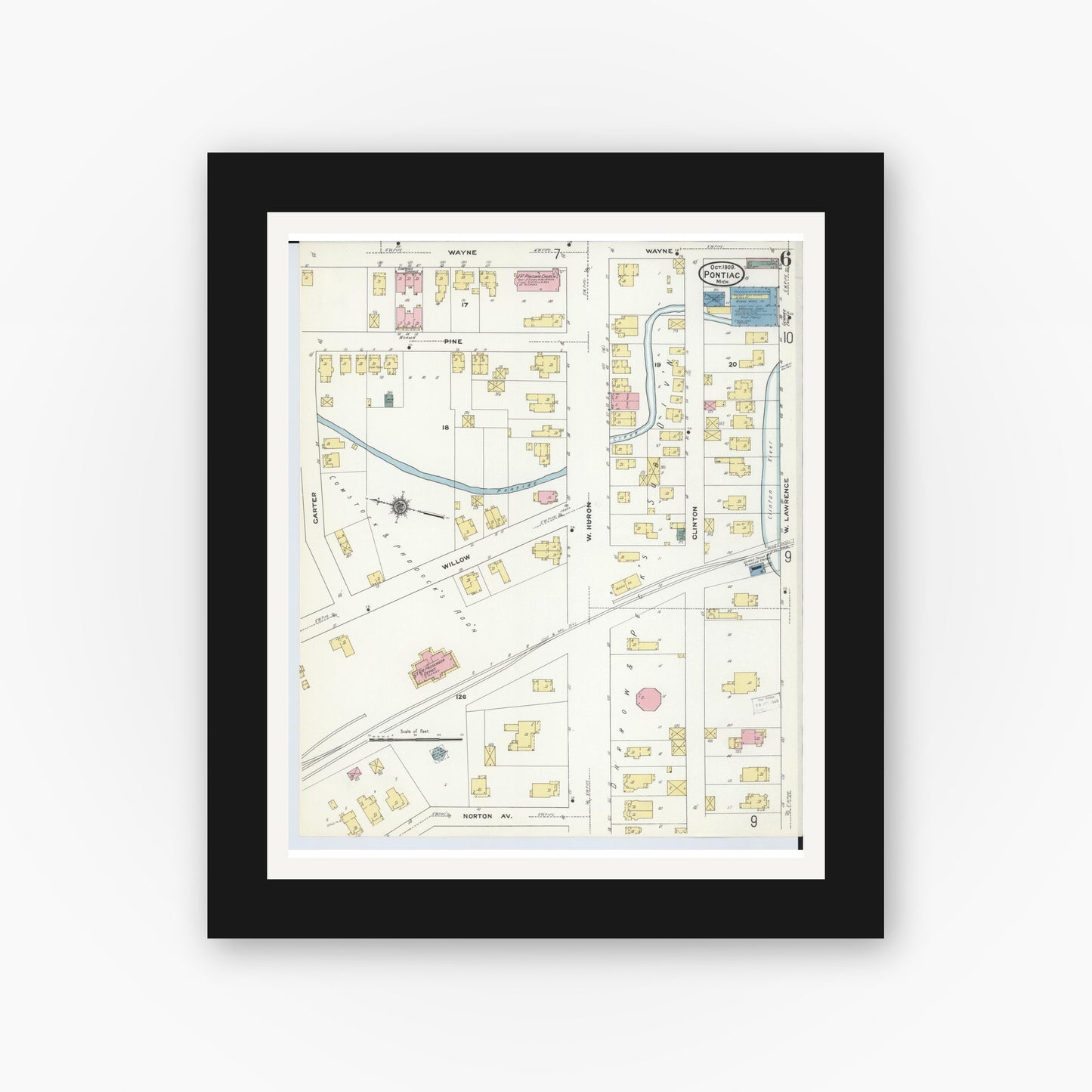 Old map wall art mockup — black gallery frame with white mat — Sanborn Fire Insurance Map from Pontiac, Oakland County, Michigan (1909), Sheet #0006