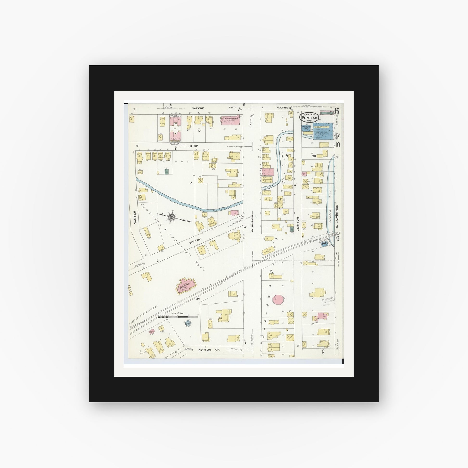 Old map wall art mockup — black gallery frame with white mat — Sanborn Fire Insurance Map from Pontiac, Oakland County, Michigan (1909), Sheet #0006