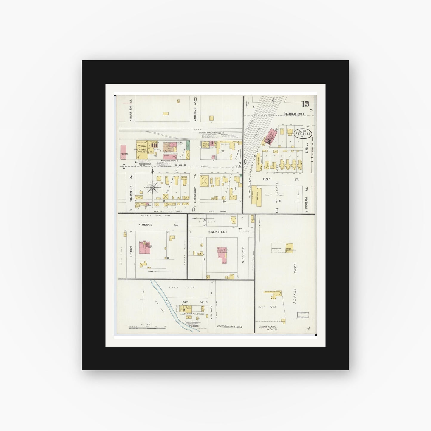 Old map wall art mockup — black gallery frame with white mat — Sanborn Fire Insurance Map from Sedalia, Pettis County, Missouri (1898), Sheet #0015
