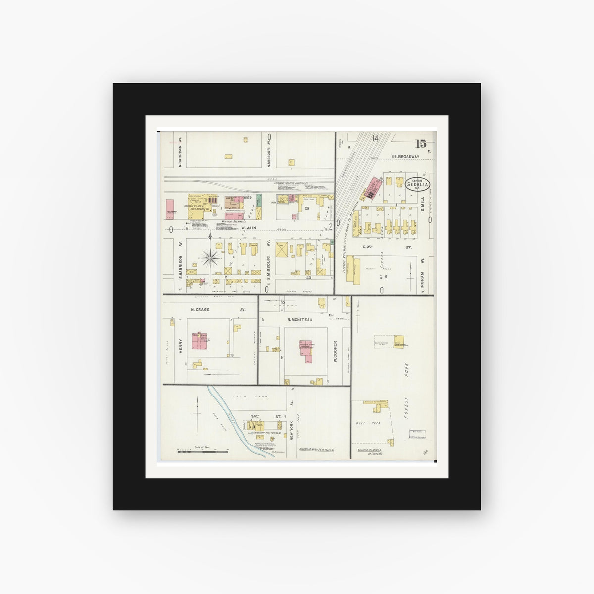 Old map wall art mockup — black gallery frame with white mat — Sanborn Fire Insurance Map from Sedalia, Pettis County, Missouri (1898), Sheet #0015