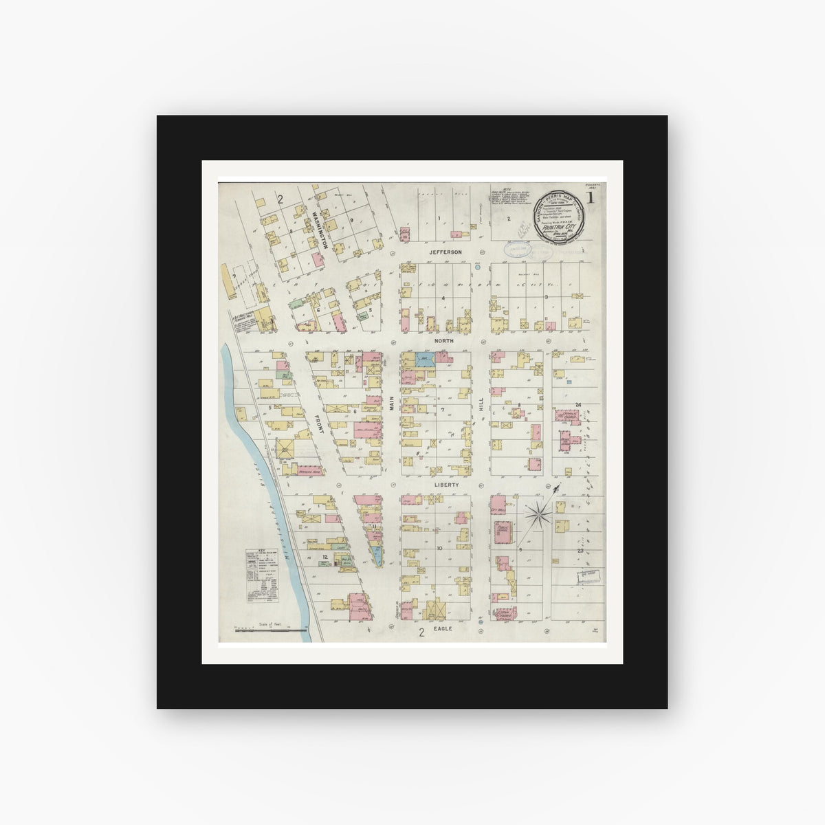 Old map wall art mockup — black gallery frame with white mat — Sanborn Fire Insurance Map from Fountain City, Buffalo County, Wisconsin (1898), Sheet #0001