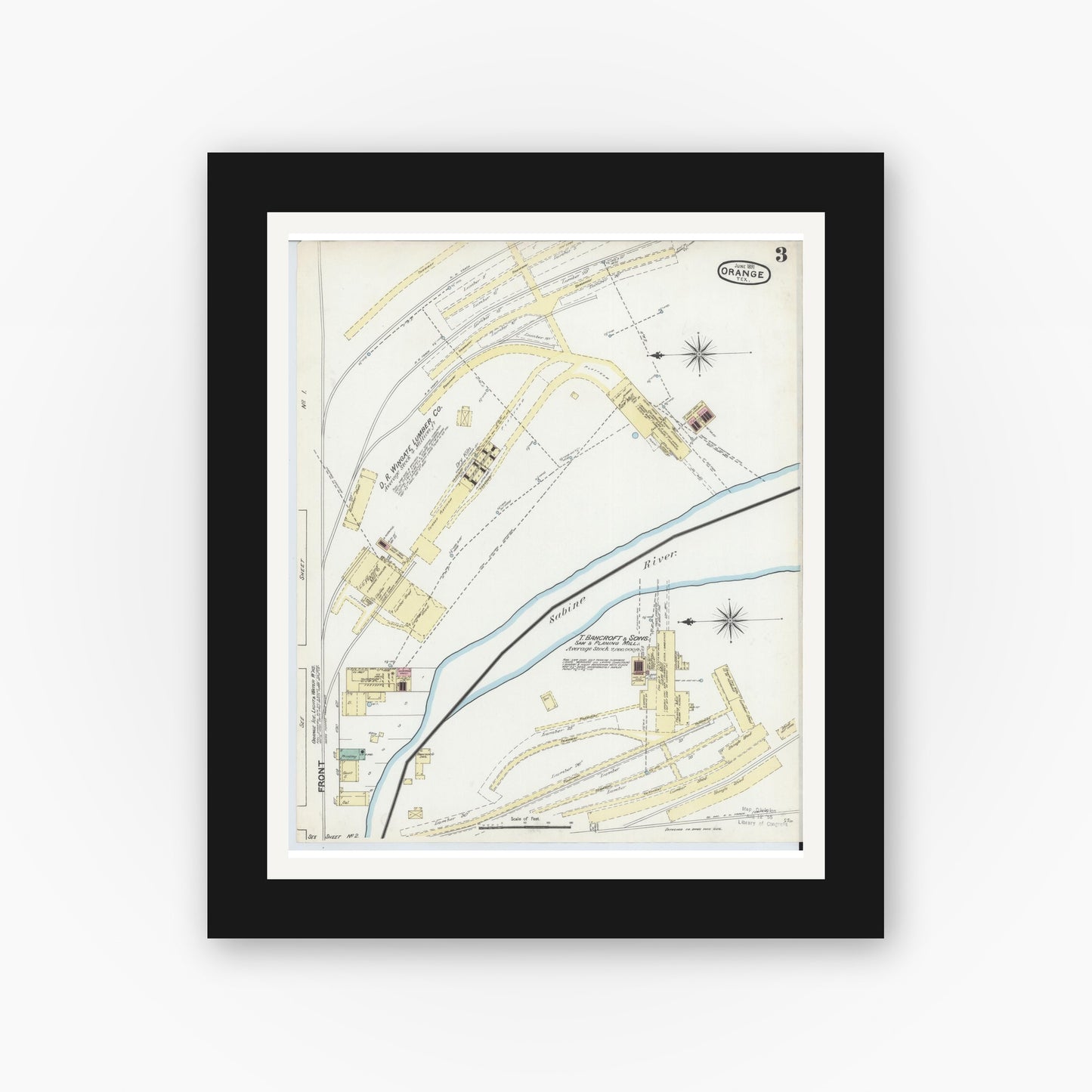 Old map wall art mockup — black gallery frame with white mat — Sanborn Fire Insurance Map from Orange, Orange County, Texas (1891), Sheet #0003