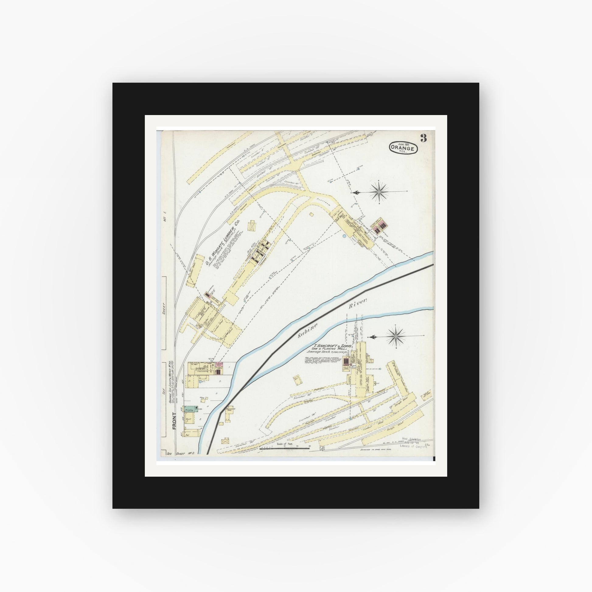 Old map wall art mockup — black gallery frame with white mat — Sanborn Fire Insurance Map from Orange, Orange County, Texas (1891), Sheet #0003