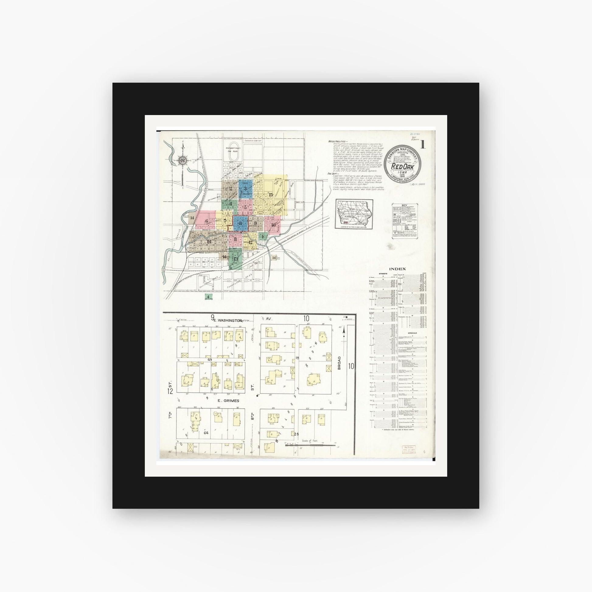 Old map wall art mockup — black gallery frame with white mat — Sanborn Fire Insurance Map from Red Oak, Montgomery County, Iowa (1914), Sheet #0001