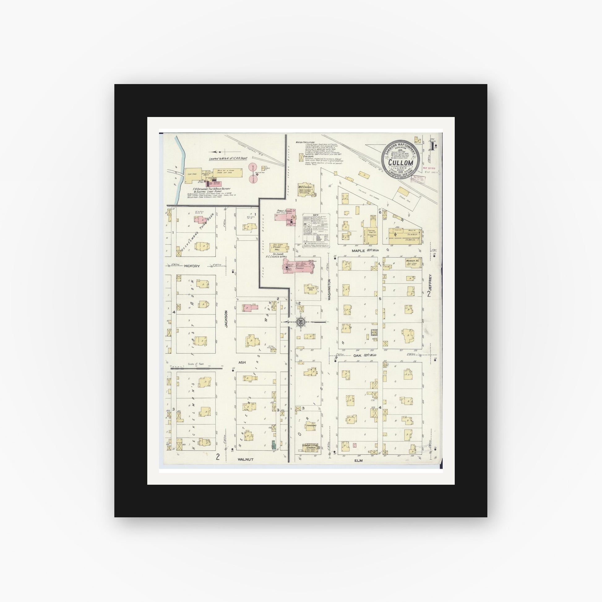 Old map wall art mockup — black gallery frame with white mat — Sanborn Fire Insurance Map from Cullom, Livingston County, Illinois (1910), Sheet #0001