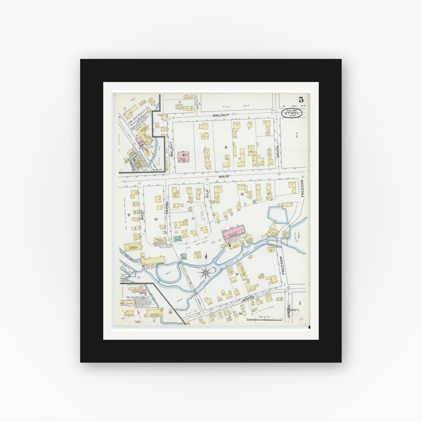 Old map wall art mockup — black gallery frame with white mat — Sanborn Fire Insurance Map from Athol, Worcester County, Massachusetts (1892), Sheet #0005