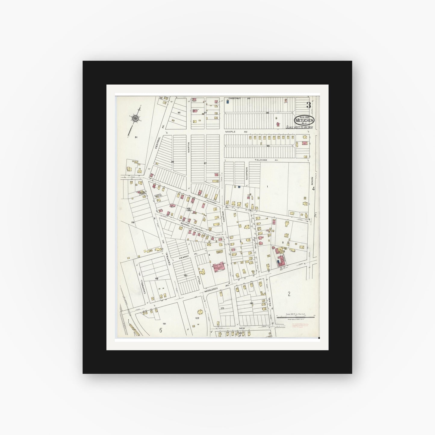 Old map wall art mockup — black gallery frame with white mat — Sanborn Fire Insurance Map from Metuchen, Middlesex County, New Jersey (1920), Sheet #0003