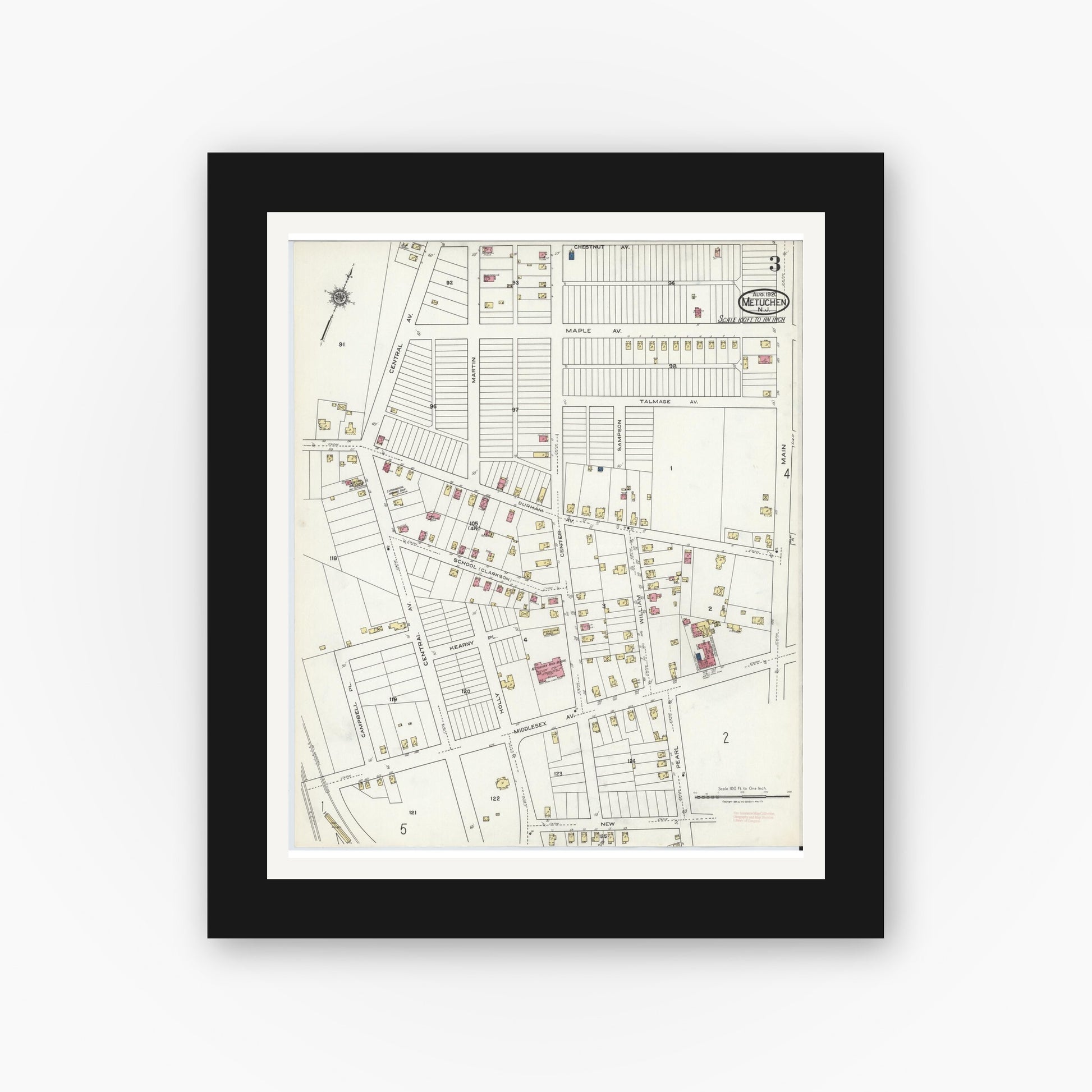 Old map wall art mockup — black gallery frame with white mat — Sanborn Fire Insurance Map from Metuchen, Middlesex County, New Jersey (1920), Sheet #0003