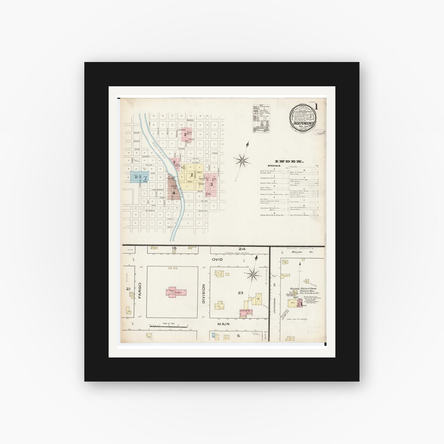 Old map wall art mockup — black gallery frame with white mat — Sanborn Fire Insurance Map from Independence, Buchanan County, Iowa (1885) â€” Complete Set