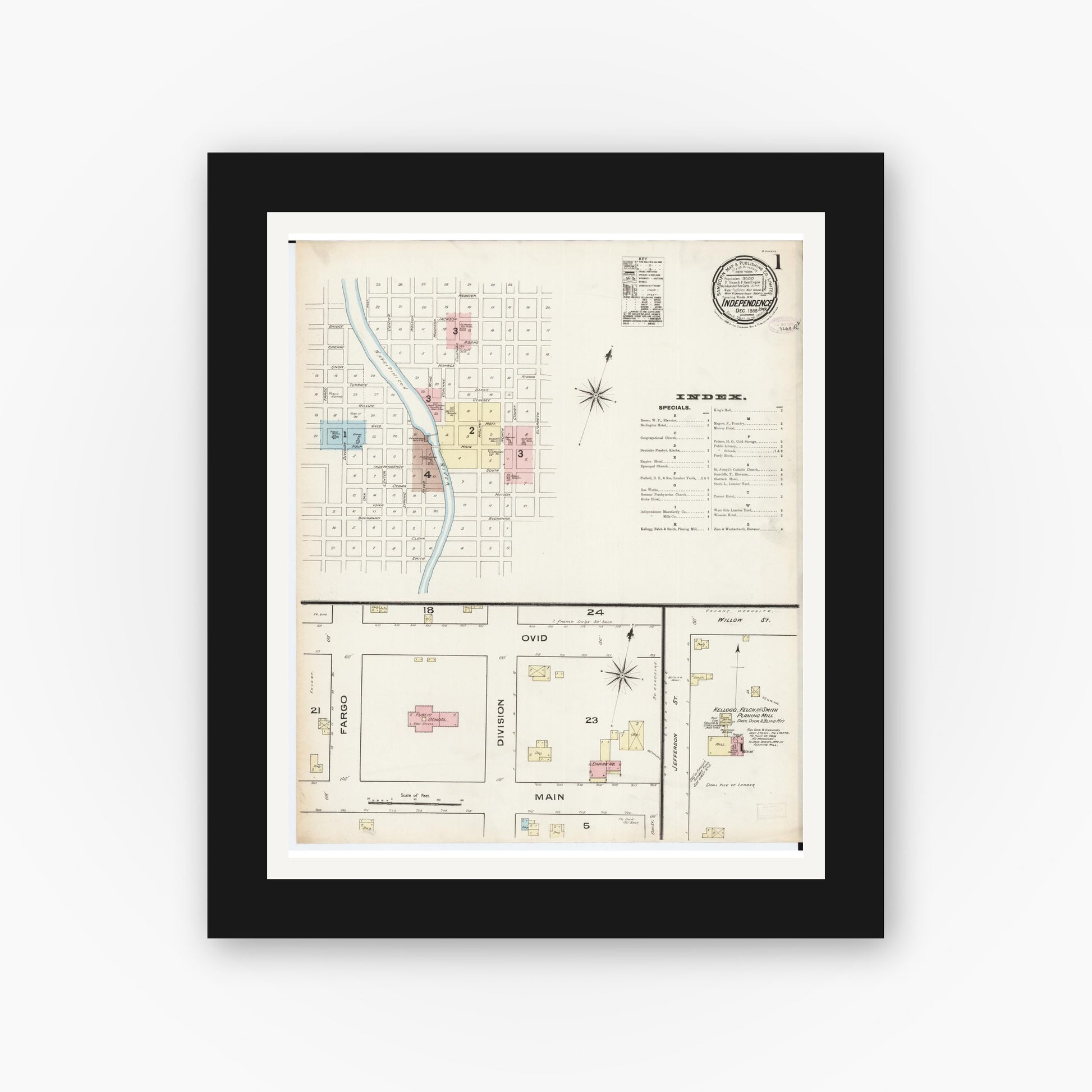 Old map wall art mockup — black gallery frame with white mat — Sanborn Fire Insurance Map from Independence, Buchanan County, Iowa (1885) â€” Complete Set