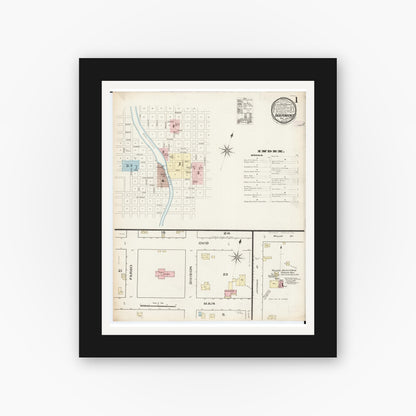 Old map wall art mockup — black gallery frame with white mat — Sanborn Fire Insurance Map from Independence, Buchanan County, Iowa (1885) â€” Complete Set