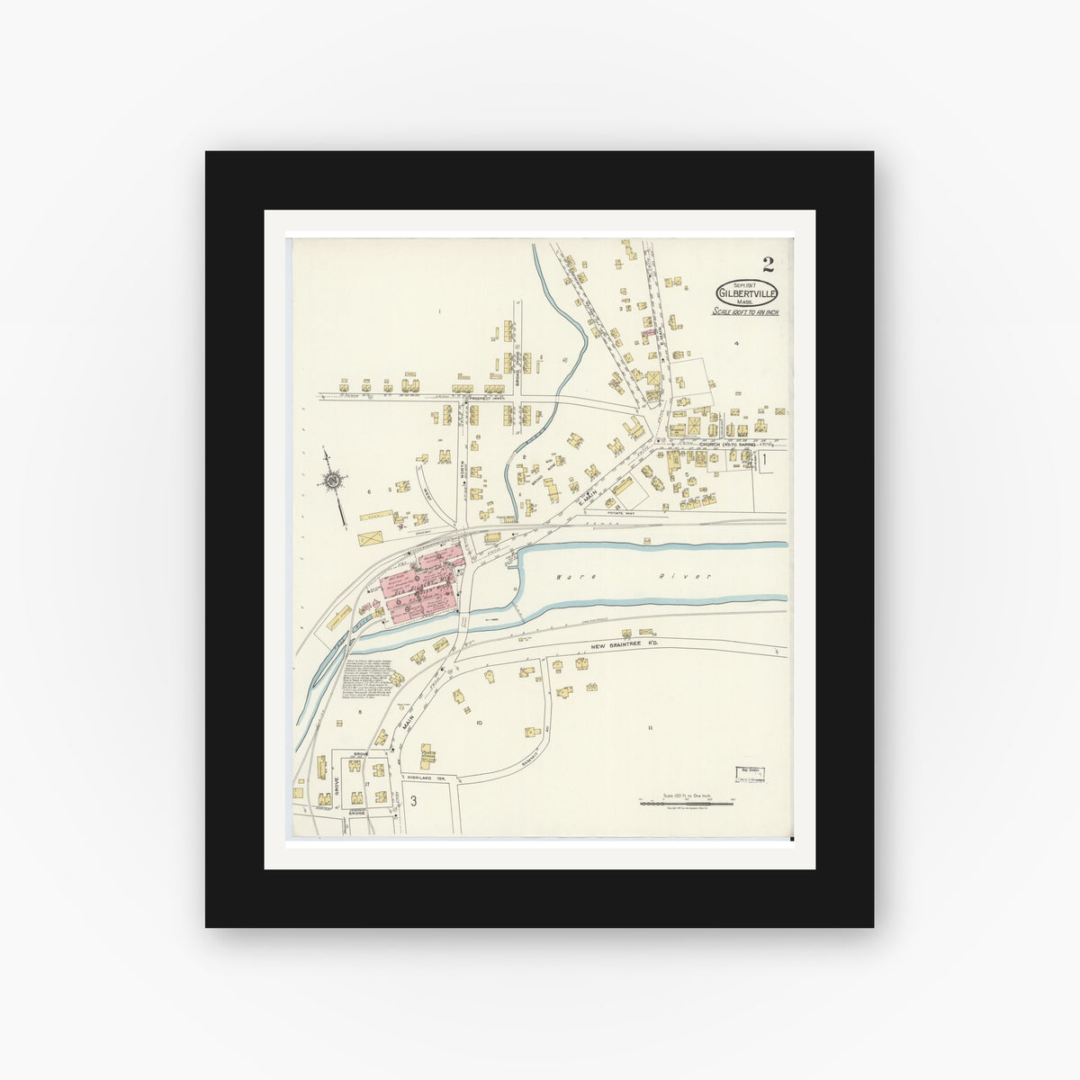 Old map wall art mockup — black gallery frame with white mat — Sanborn Fire Insurance Map from Gilbertville, Worcester County, Massachusetts (1917), Sheet #0002