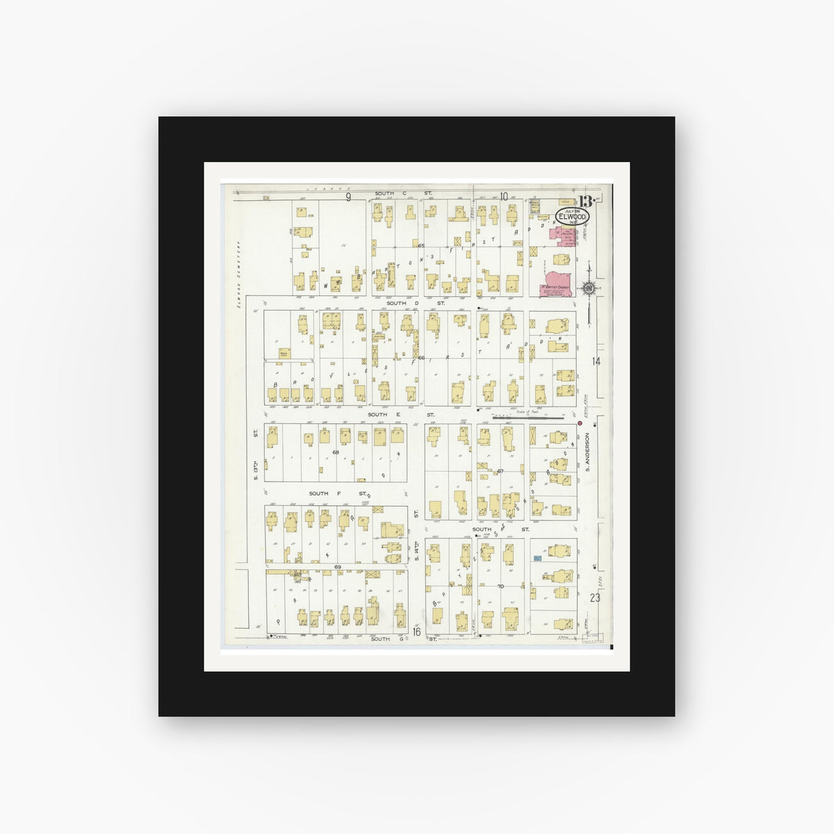 Old map wall art mockup — black gallery frame with white mat — Sanborn Fire Insurance Map from Elwood, Madison County, Indiana (1916), Sheet #0013