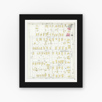 Old map wall art mockup — black gallery frame with white mat — Sanborn Fire Insurance Map from Elwood, Madison County, Indiana (1916), Sheet #0013