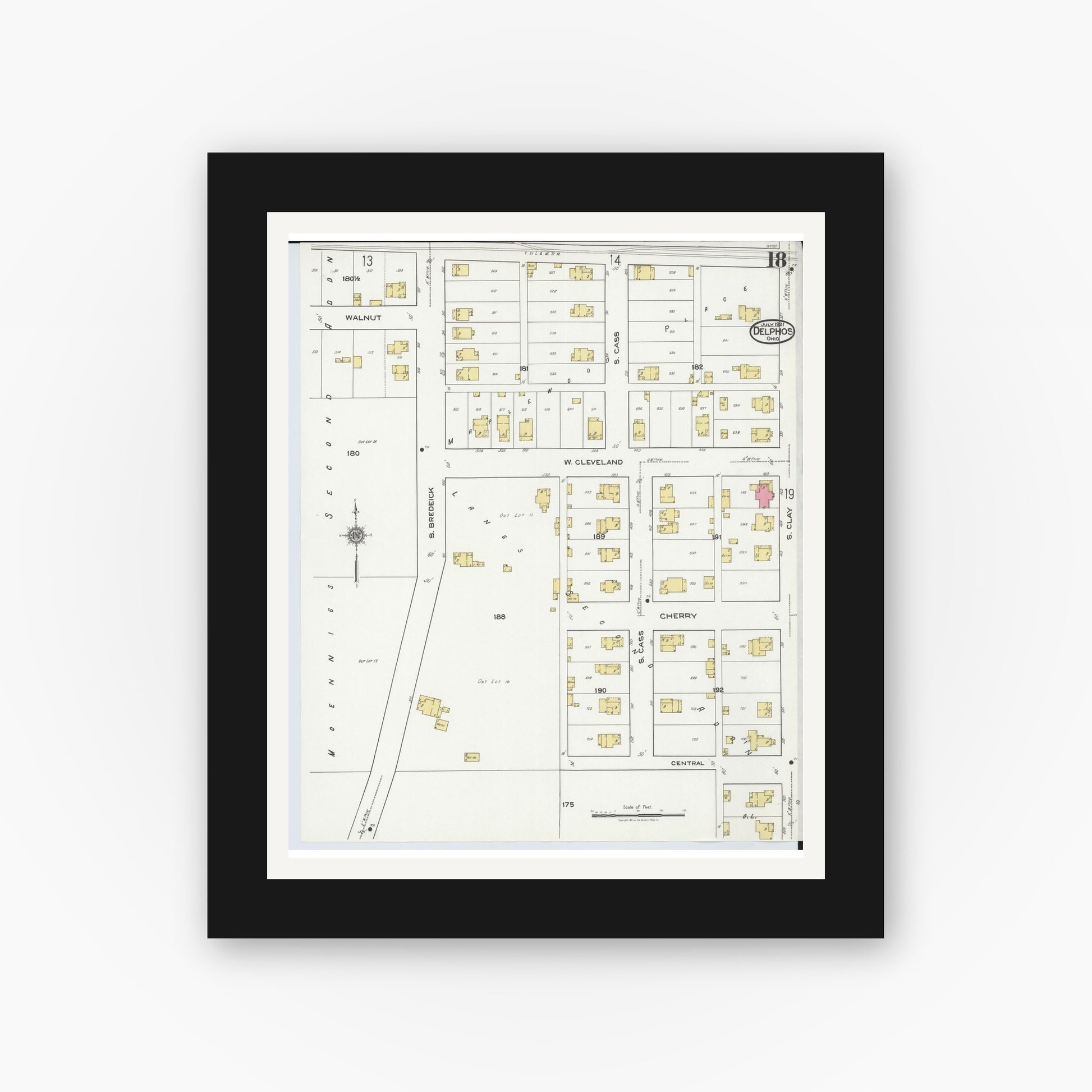 Old map wall art mockup — black gallery frame with white mat — Sanborn Fire Insurance Map from Delphos, Van Wert And Allen Counties, Ohio (1921), Sheet #0018