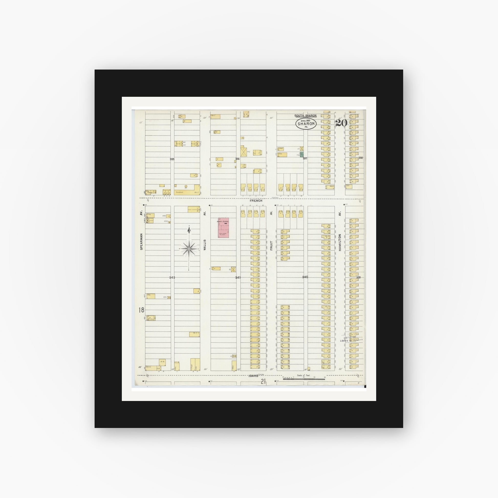 Old map wall art mockup — black gallery frame with white mat — Sanborn Fire Insurance Map from Sharon, Mercer County, Pennsylvania (1903), Sheet #0020