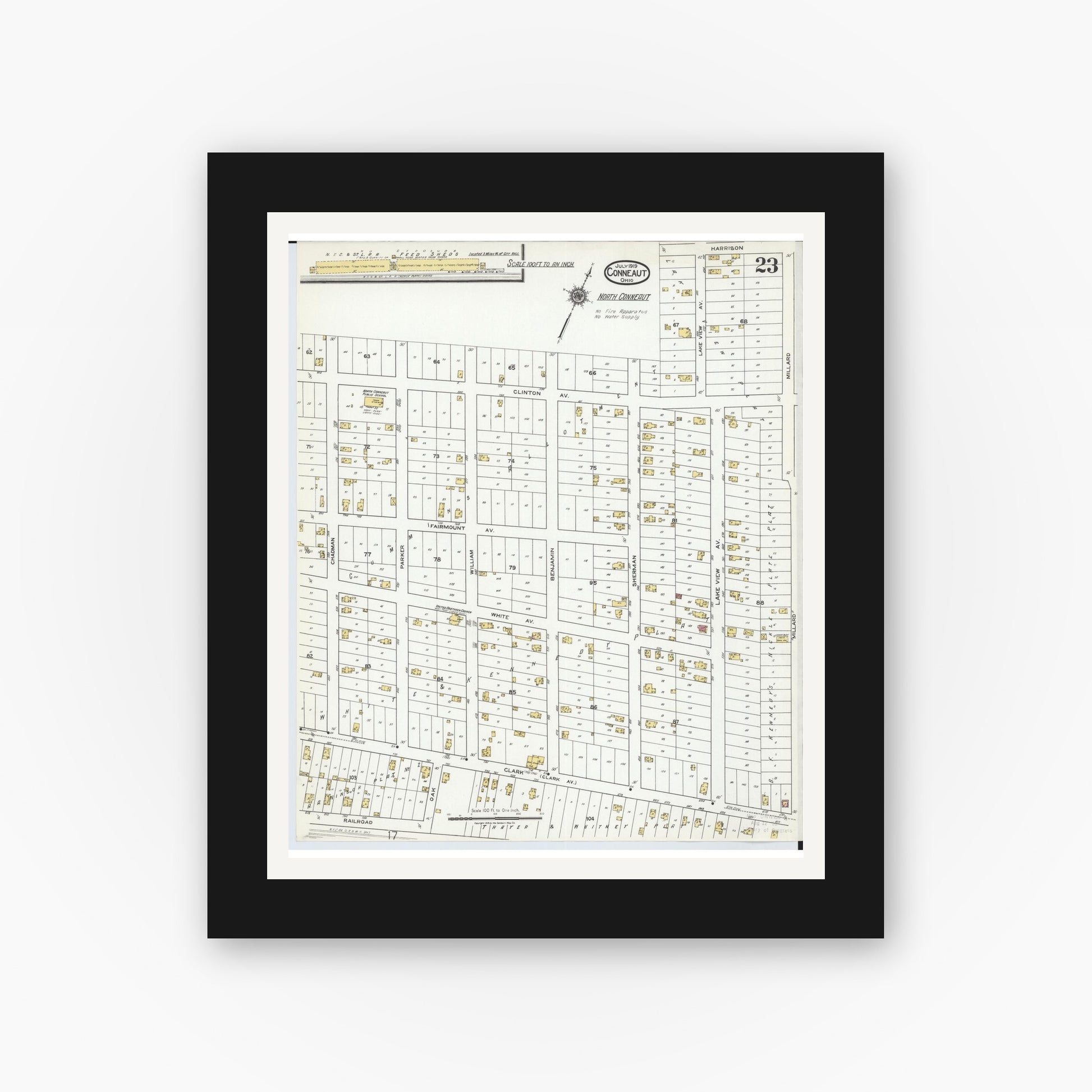 Old map wall art mockup — black gallery frame with white mat — Sanborn Fire Insurance Map from Conneaut, Ashtabula County, Ohio (1919), Sheet #0023