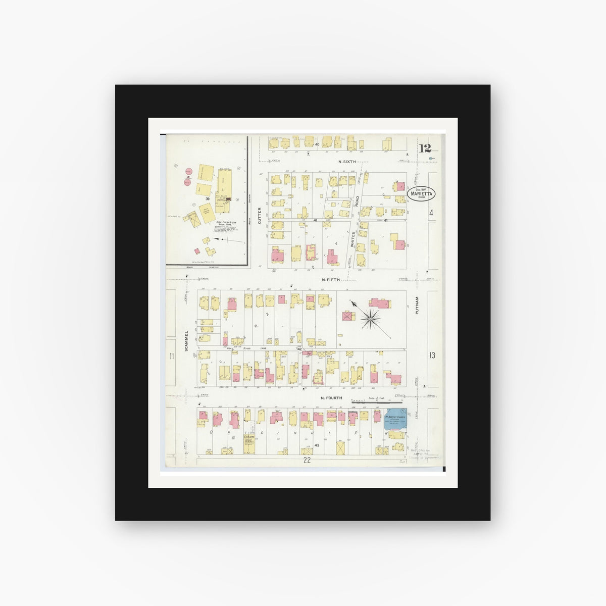 Old map wall art mockup — black gallery frame with white mat — Sanborn Fire Insurance Map from Marietta, Washington County, Ohio (1907), Sheet #0012