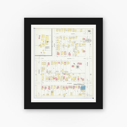 Old map wall art mockup — black gallery frame with white mat — Sanborn Fire Insurance Map from Marietta, Washington County, Ohio (1907), Sheet #0012