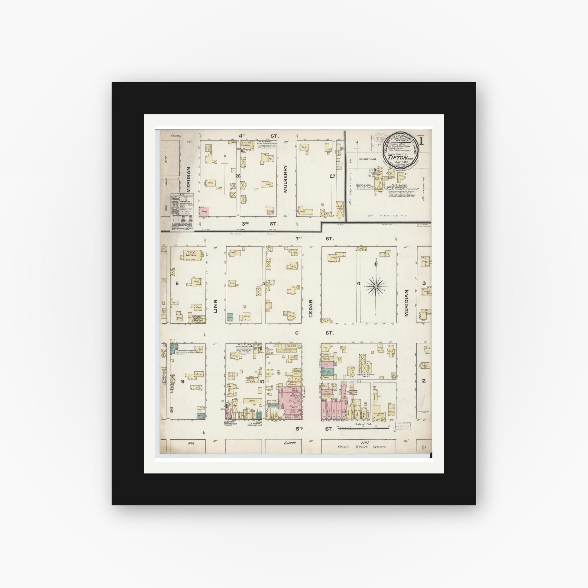 Old map wall art mockup — black gallery frame with white mat — Sanborn Fire Insurance Map from Tipton, Cedar County, Iowa (1888), Sheet #0001