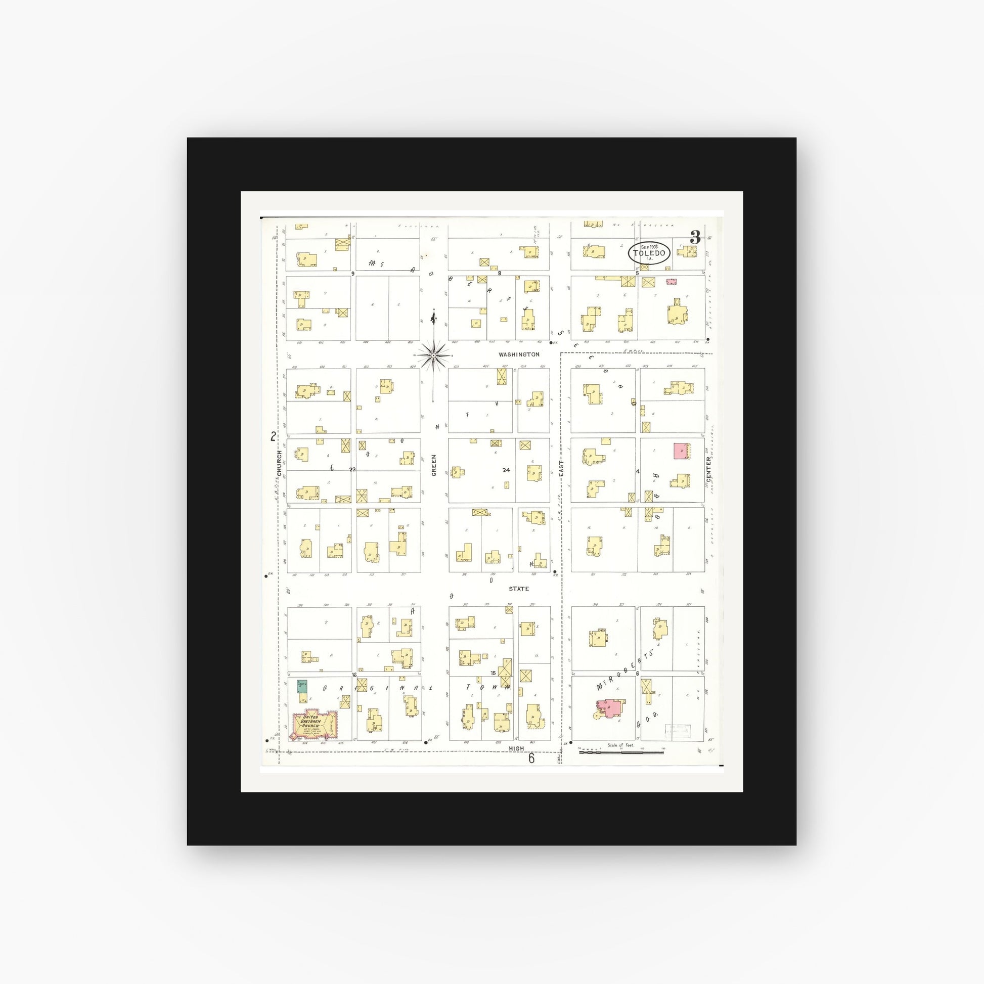 Old map wall art mockup — black gallery frame with white mat — Sanborn Fire Insurance Map from Toledo, Tama County, Iowa (1906), Sheet #0003