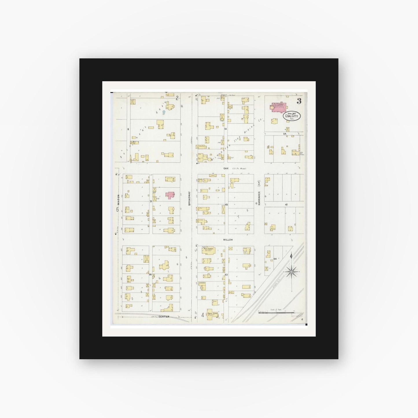 Old map wall art mockup — black gallery frame with white mat — Sanborn Fire Insurance Map from Coal City, Grundy County, Illinois (1907), Sheet #0003