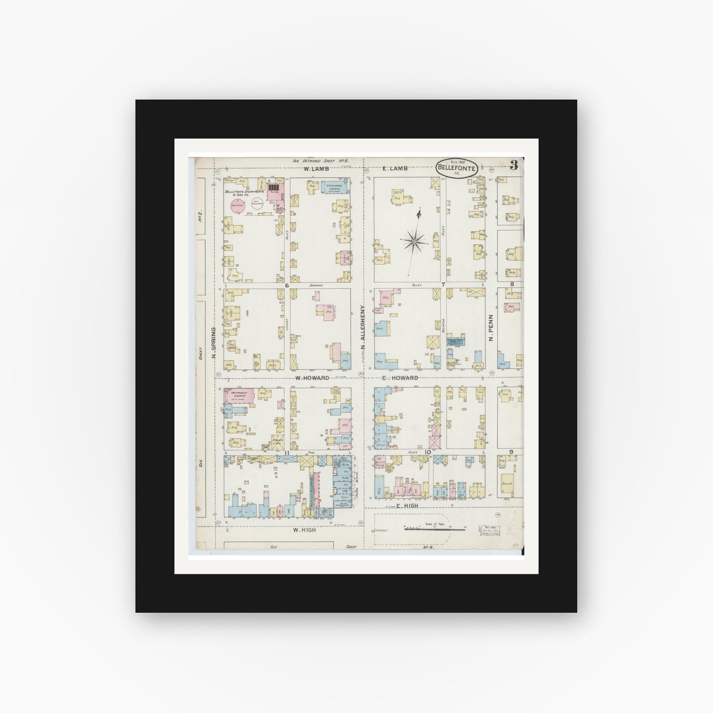Old map wall art mockup — black gallery frame with white mat — Sanborn Fire Insurance Map from Bellefonte, Centre County, Pennsylvania (1887), Sheet #0003