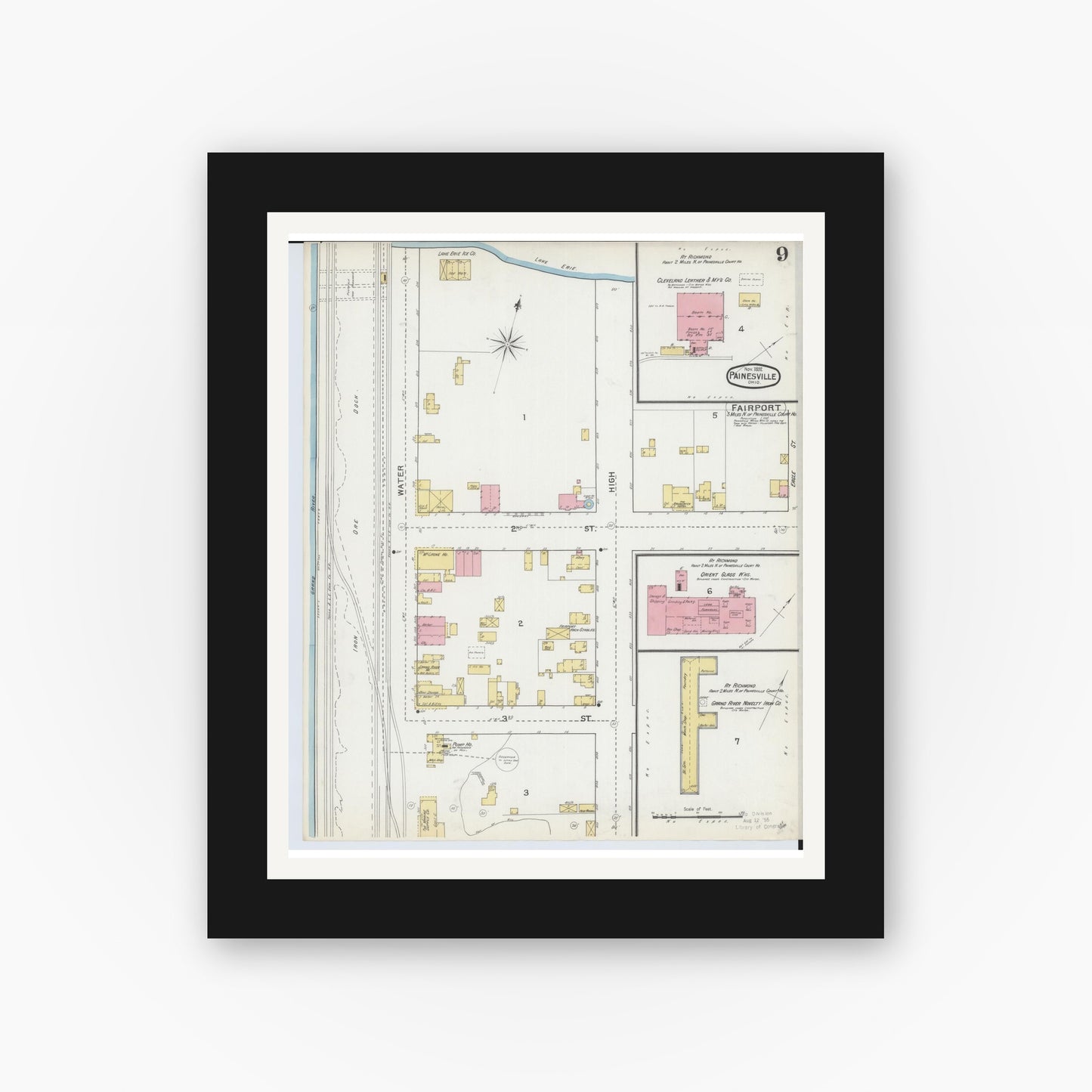 Old map wall art mockup — black gallery frame with white mat — Sanborn Fire Insurance Map from Painesville, Lake County, Ohio (1892), Sheet #0009
