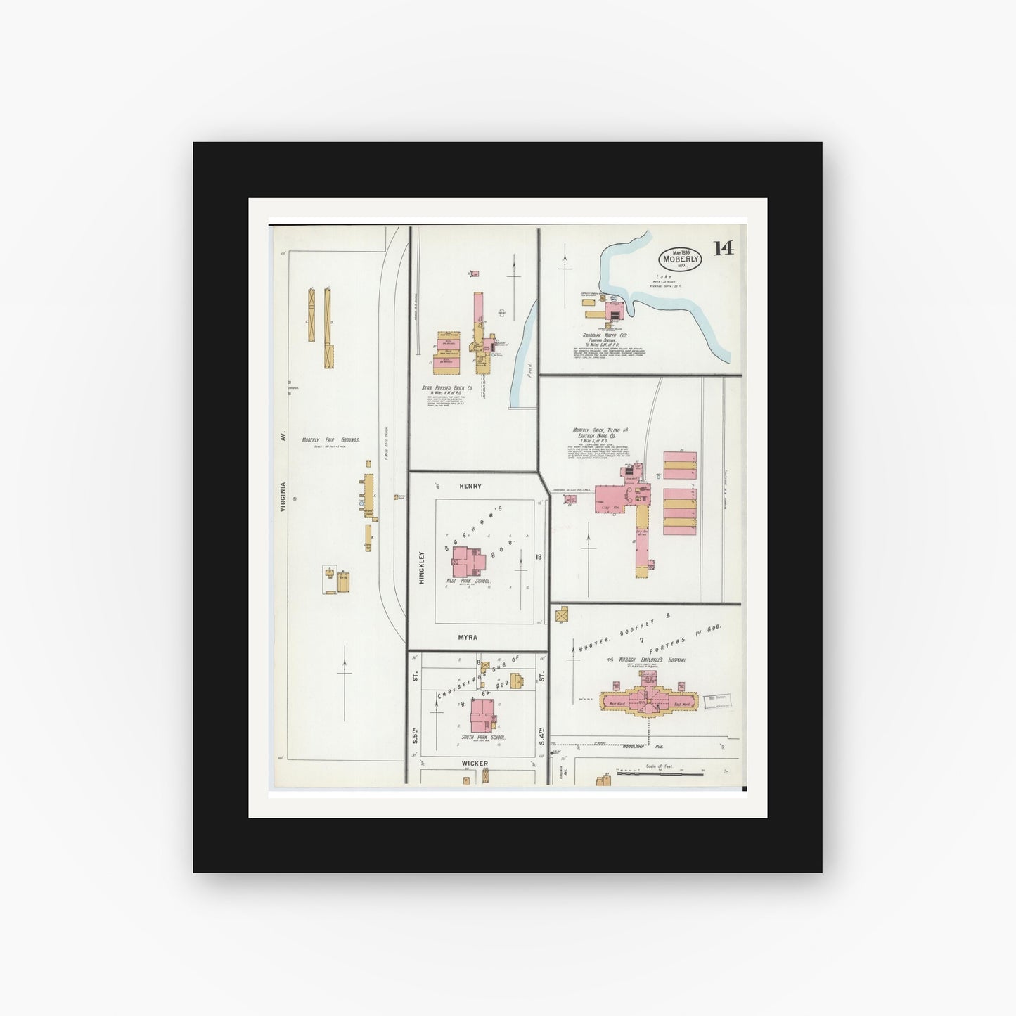 Old map wall art mockup — black gallery frame with white mat — Sanborn Fire Insurance Map from Moberly, Randolph County, Missouri (1899), Sheet #0014