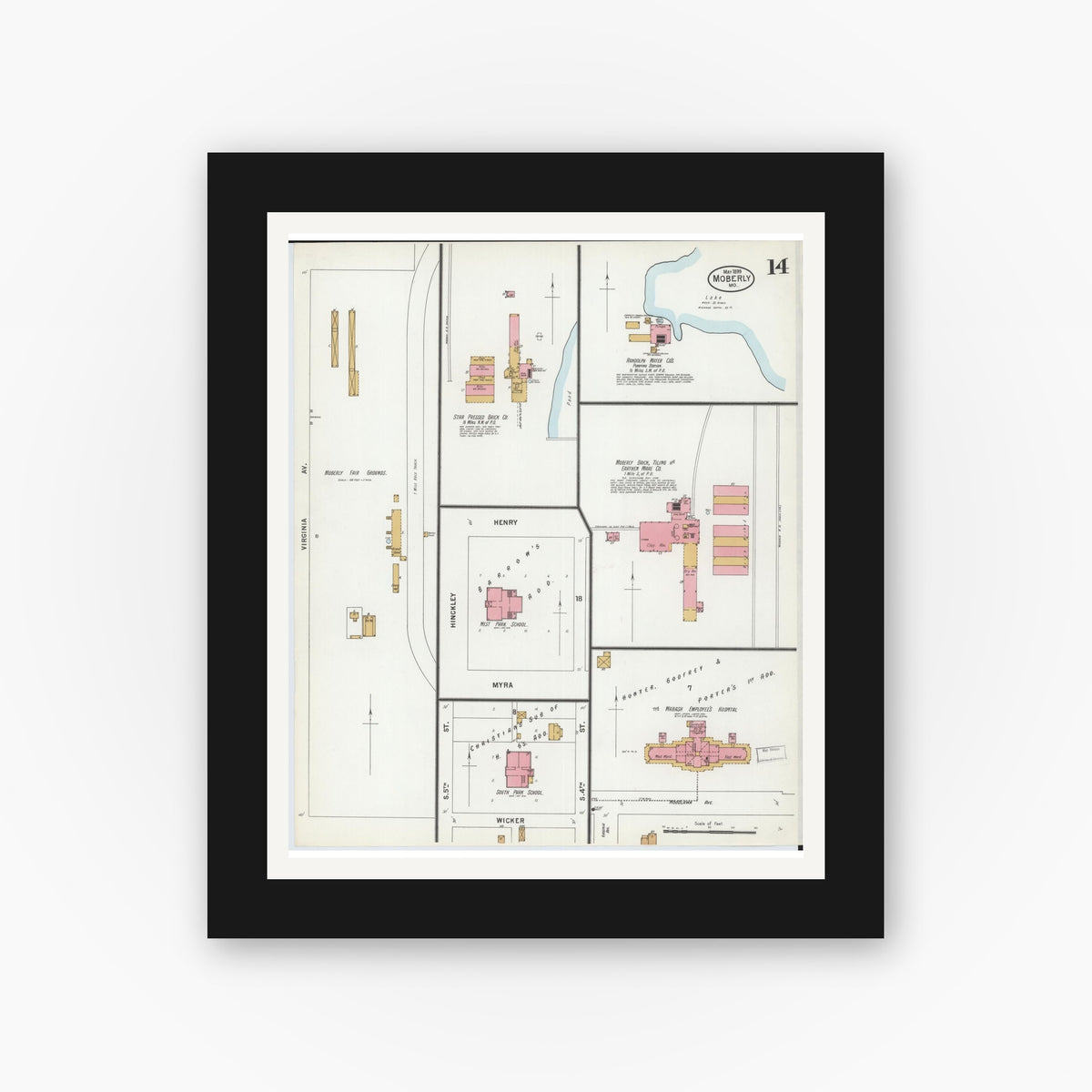 Old map wall art mockup — black gallery frame with white mat — Sanborn Fire Insurance Map from Moberly, Randolph County, Missouri (1899), Sheet #0014