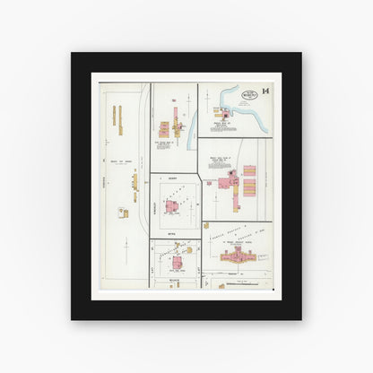 Old map wall art mockup — black gallery frame with white mat — Sanborn Fire Insurance Map from Moberly, Randolph County, Missouri (1899), Sheet #0014