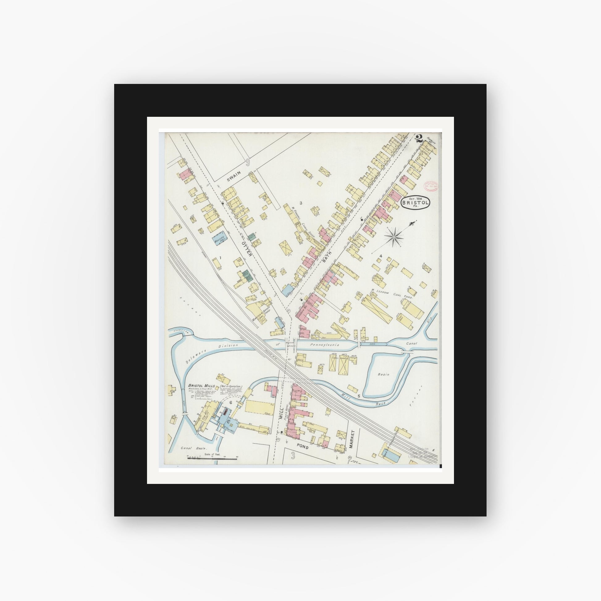 Old map wall art mockup — black gallery frame with white mat — Sanborn Fire Insurance Map from Bristol, Bucks County, Pennsylvania (1894), Sheet #0002