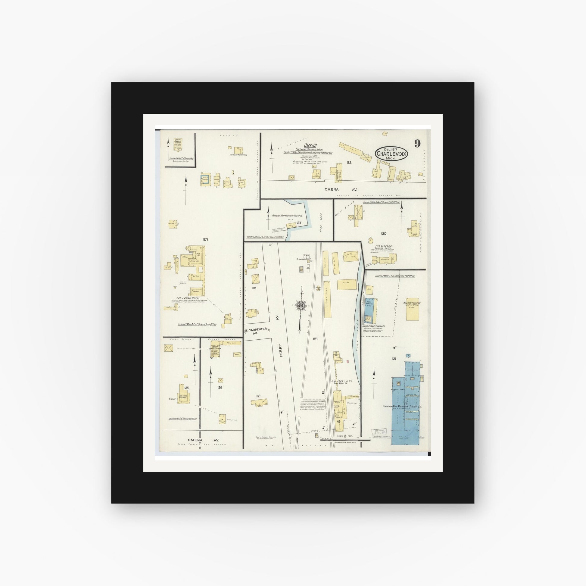 Old map wall art mockup — black gallery frame with white mat — Sanborn Fire Insurance Map from Charlevoix, Charlevoix County, Michigan (1917), Sheet #0009
