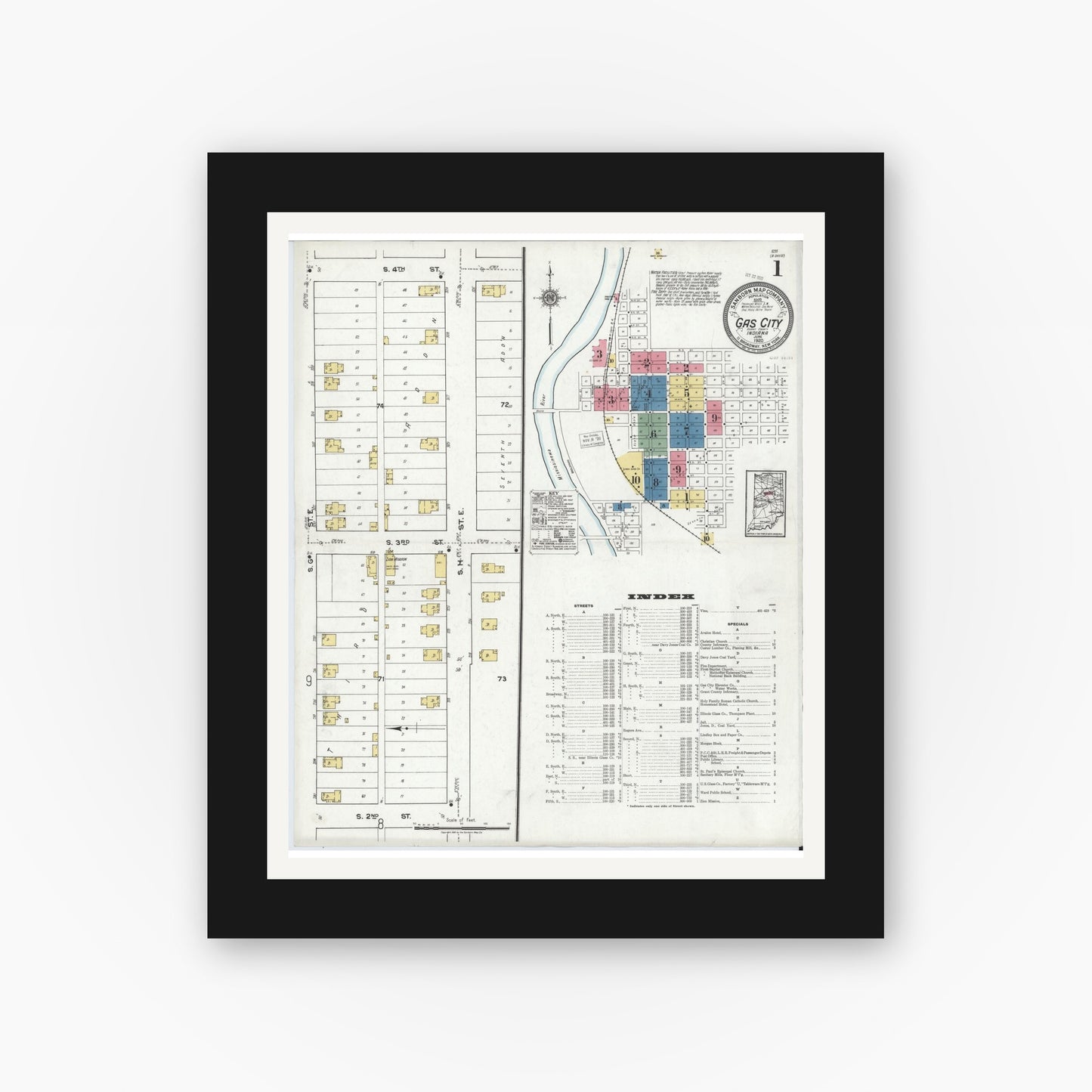 Old map wall art mockup — black gallery frame with white mat — Sanborn Fire Insurance Map from Gas City, Grant County, Indiana (1920) - Complete Map Set
