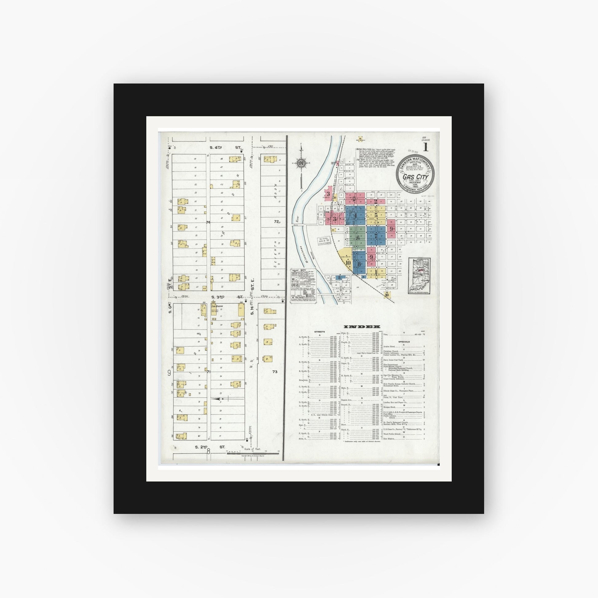 Old map wall art mockup — black gallery frame with white mat — Sanborn Fire Insurance Map from Gas City, Grant County, Indiana (1920) - Complete Map Set