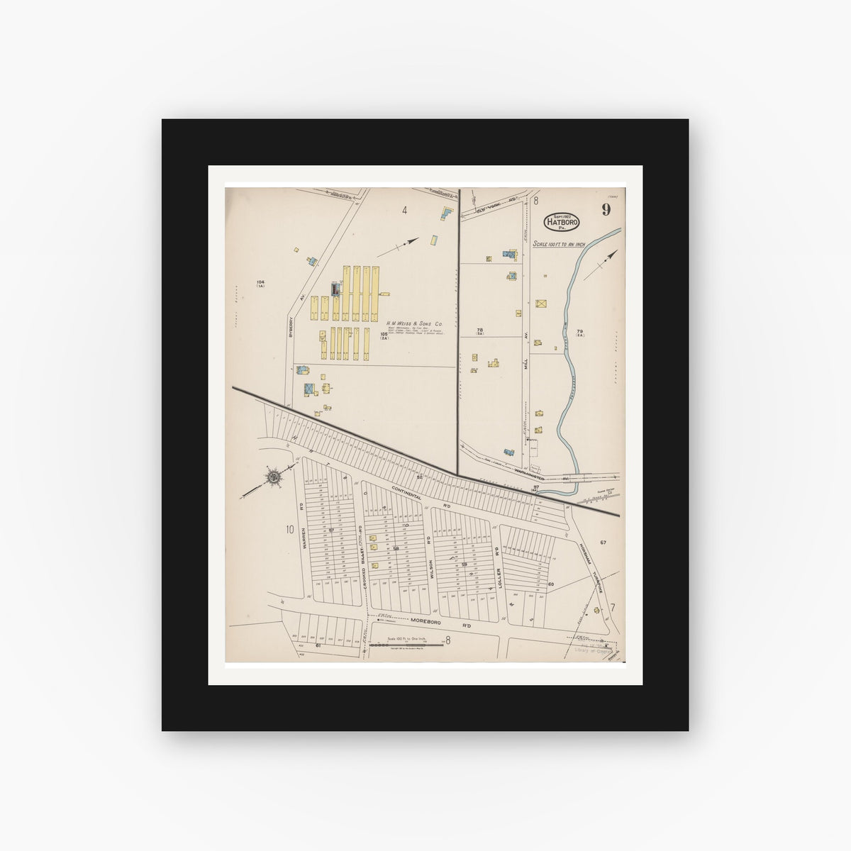 Old map wall art mockup — black gallery frame with white mat — Sanborn Fire Insurance Map from Hatboro, Montgomery County, Pennsylvania (1922), Sheet #0009