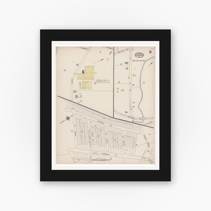 Old map wall art mockup — black gallery frame with white mat — Sanborn Fire Insurance Map from Hatboro, Montgomery County, Pennsylvania (1922), Sheet #0009
