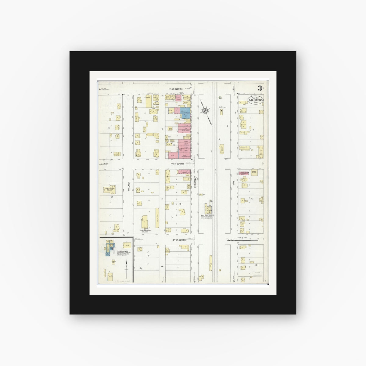 Old map wall art mockup — black gallery frame with white mat — Sanborn Fire Insurance Map from Manteno, Kankakee County, Illinois (1914), Sheet #0003