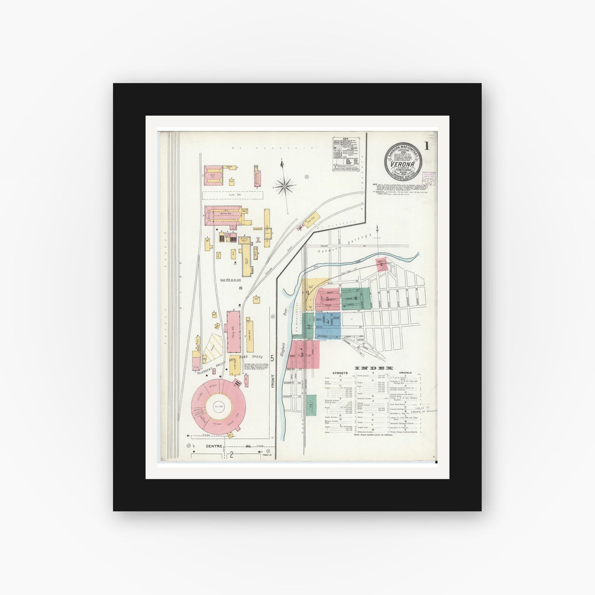 Old map wall art mockup — black gallery frame with white mat — Sanborn Fire Insurance Map from Verona, Allegheny County, Pennsylvania (1905) - Complete Map Set