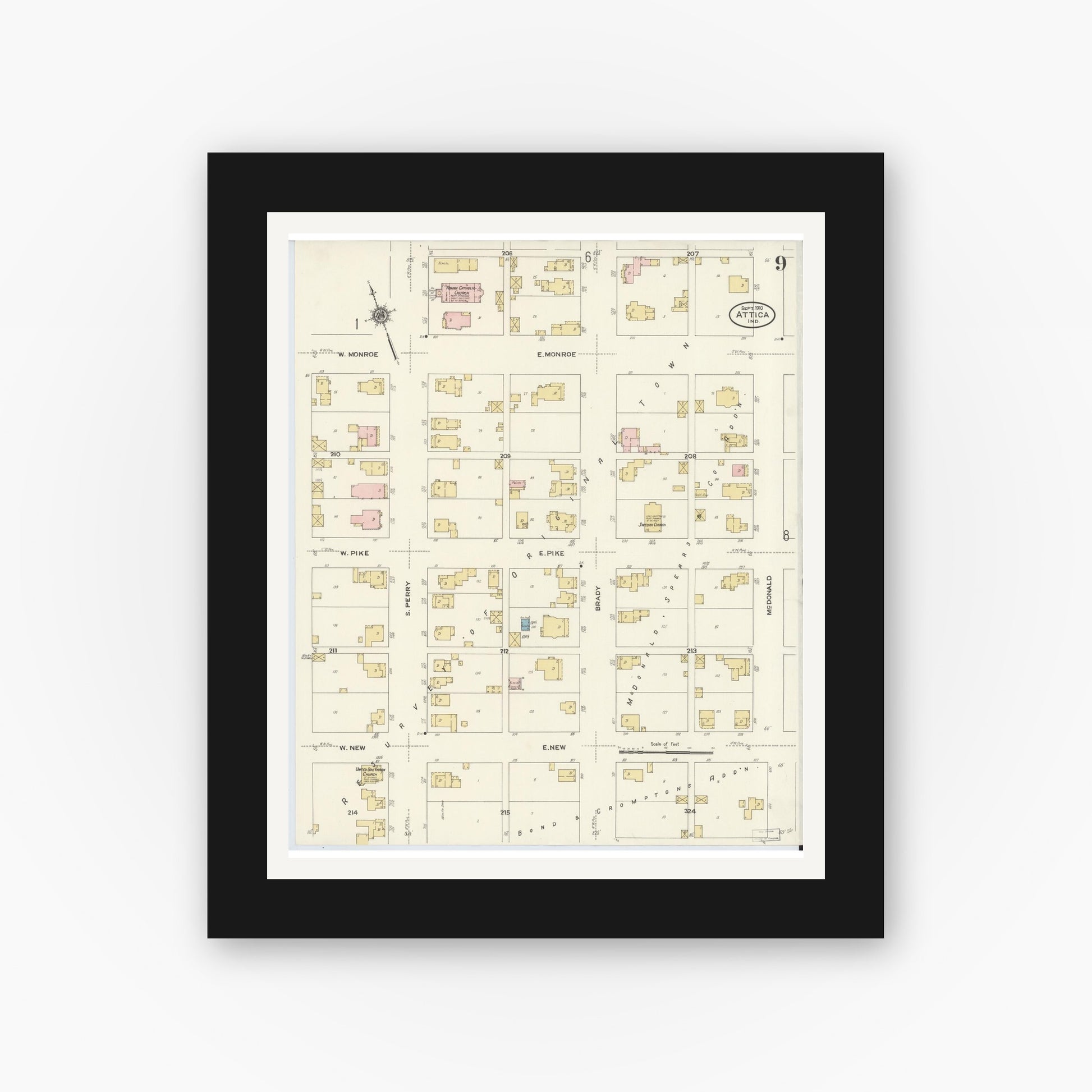 Old map wall art mockup — black gallery frame with white mat — Sanborn Fire Insurance Map from Attica, Fountain County, Indiana (1910), Sheet #0009