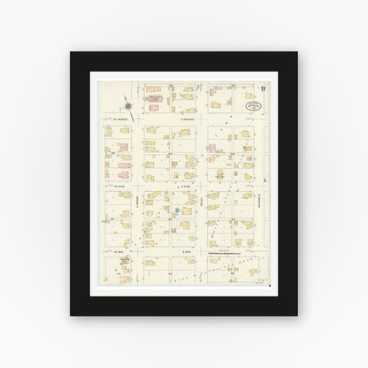 Old map wall art mockup — black gallery frame with white mat — Sanborn Fire Insurance Map from Attica, Fountain County, Indiana (1910), Sheet #0009