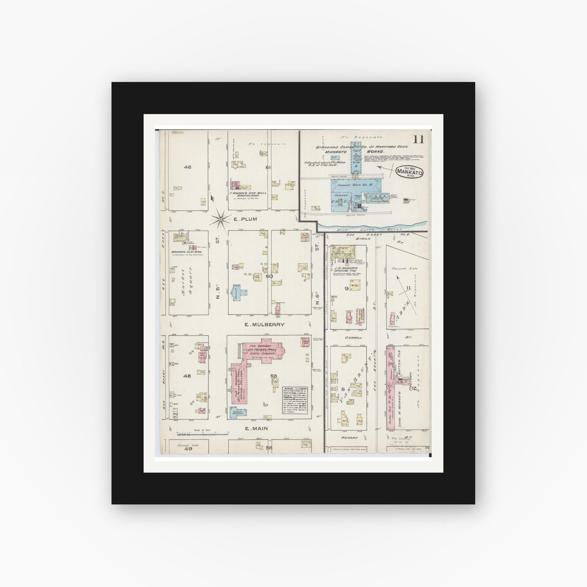 Old map wall art mockup — black gallery frame with white mat — Sanborn Fire Insurance Map from Mankato, Blue Earth County, Minnesota (1884), Sheet #0011